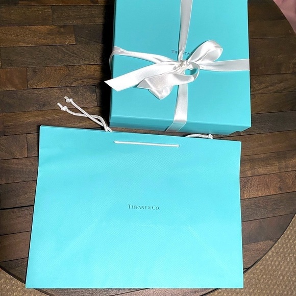 Large Tiffany and Co box, store bag, white ribbon and tissue paper